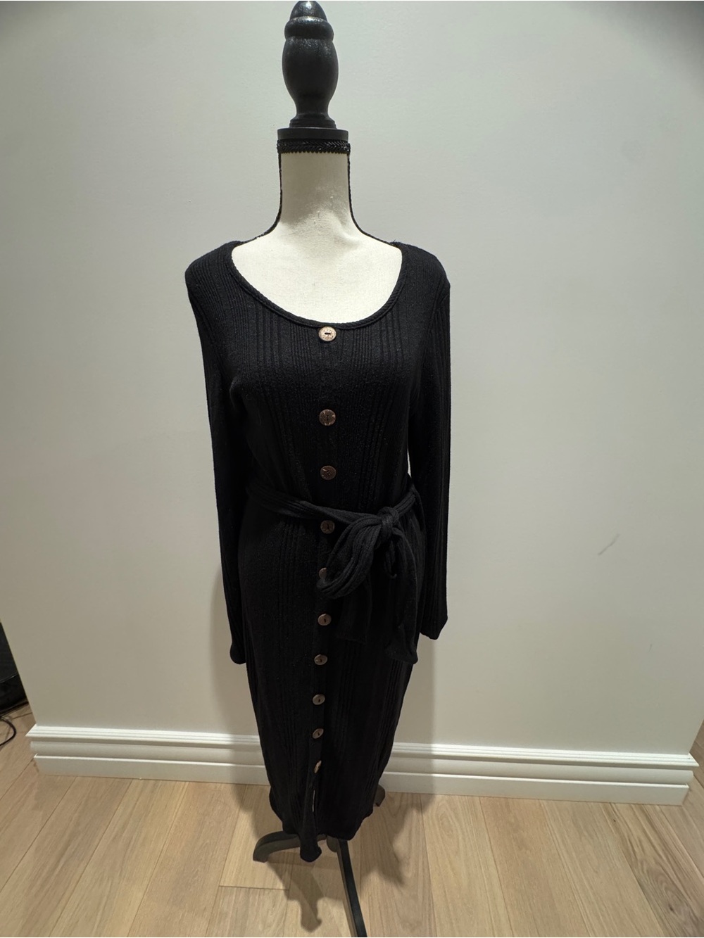 Black Ribbed Button-Front Midi Dress with Self-Tie Belt